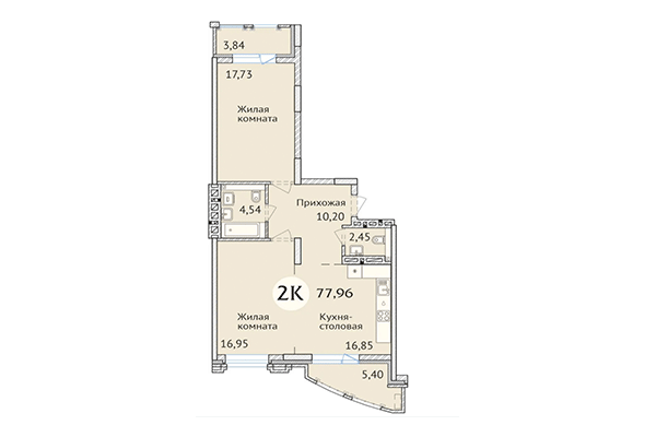 2-комнатная квартира 77,96 м² в ЖК Заельцовский. Планировка