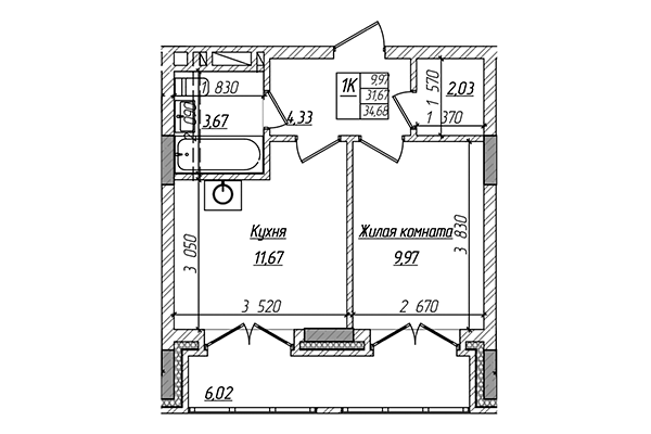 1-комнатная квартира 31,67 м² в ЖК Чернышевский. Планировка