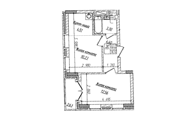 2-комнатная квартира 35,00 м² в ЖК Чернышевский. Планировка