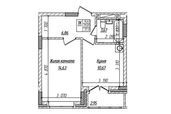 Студия 35,83 м² в ЖК Чернышевский. Планировка