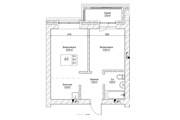 Студия 35,90 м² в ЖК Чернышевский. Планировка