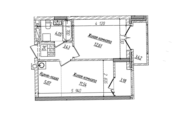 2-комнатная квартира 36,70 м² в ЖК Чернышевский. Планировка