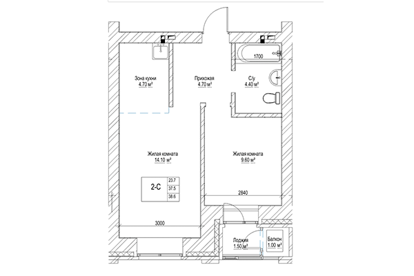 2-комнатная квартира 37,50 м² в ЖК Чернышевский. Планировка