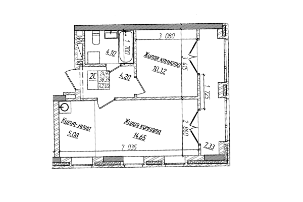 2-комнатная квартира 38,39 м² в ЖК Чернышевский. Планировка