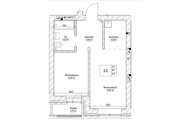 2-комнатная квартира 38,70 м² в ЖК Чернышевский. Планировка