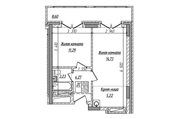 2-комнатная квартира 38,74 м² в ЖК Чернышевский. Планировка