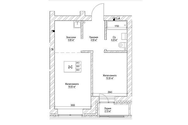 2-комнатная квартира 38,80 м² в ЖК Чернышевский. Планировка