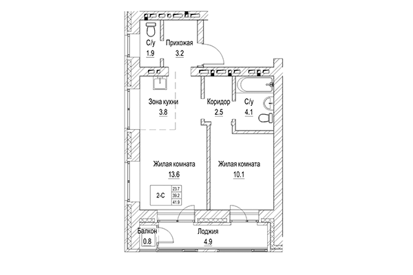 2-комнатная квартира 39,02 м² в ЖК Чернышевский. Планировка