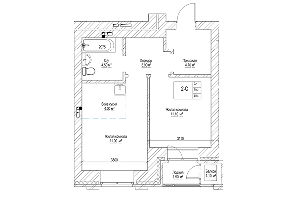 2-комнатная квартира 39,20 м² в ЖК Чернышевский. Планировка