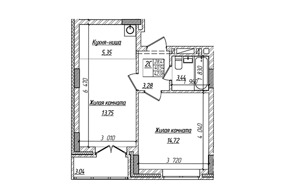 2-комнатная квартира 40,54 м² в ЖК Чернышевский. Планировка