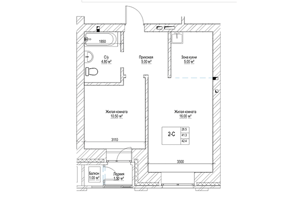 2-комнатная квартира 41,30 м² в ЖК Чернышевский. Планировка