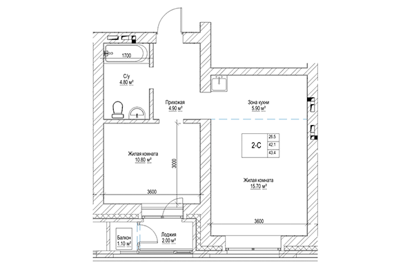 2-комнатная квартира 42,10 м² в ЖК Чернышевский. Планировка