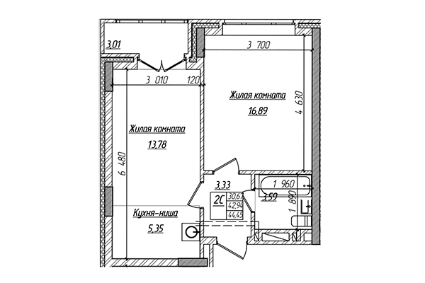 2-комнатная квартира 42,94 м² в ЖК Чернышевский. Планировка