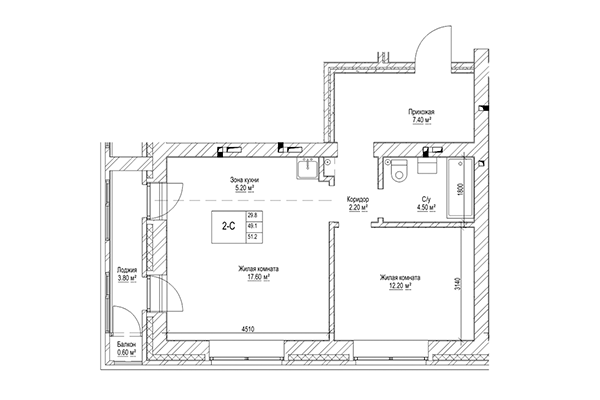 2-комнатная квартира 49,10 м² в ЖК Чернышевский. Планировка