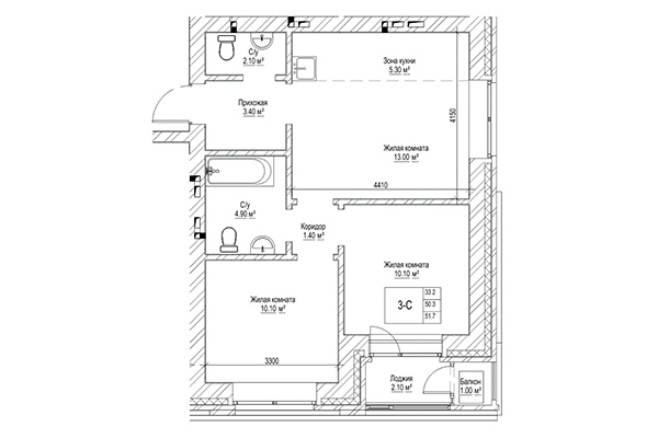 3-комнатная квартира 50,30 м² в ЖК Чернышевский. Планировка