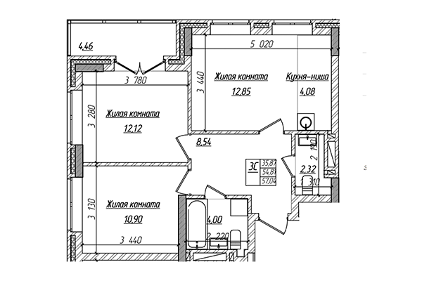 3-комнатная квартира 54,81 м² в ЖК Чернышевский. Планировка