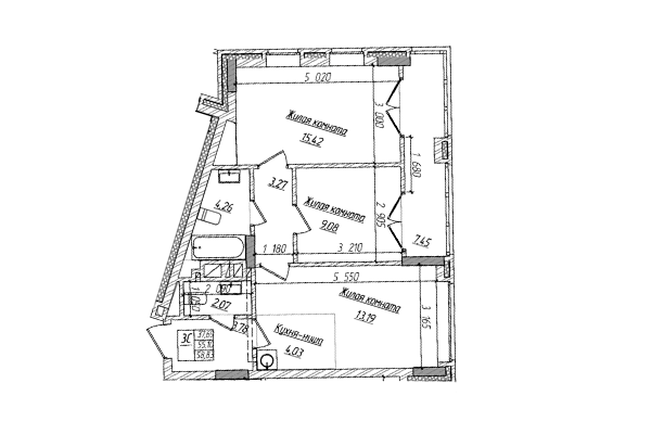 3-комнатная квартира 55,10 м² в ЖК Чернышевский. Планировка