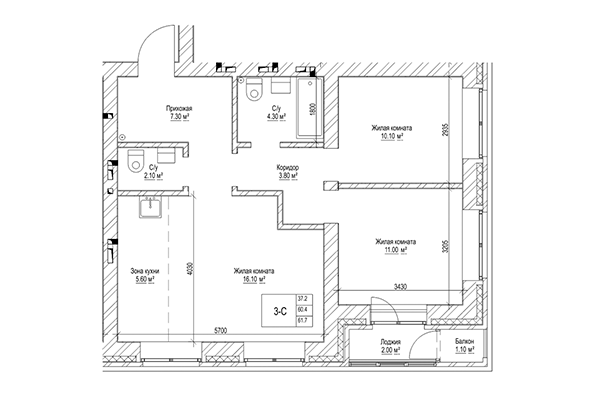 3-комнатная квартира 60,40 м² в ЖК Чернышевский. Планировка