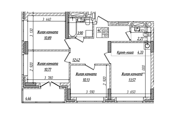 4-комнатная квартира 68,28 м² в ЖК Чернышевский. Планировка