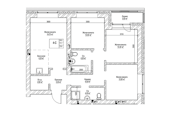 4-комнатная квартира 71,10 м² в ЖК Чернышевский. Планировка