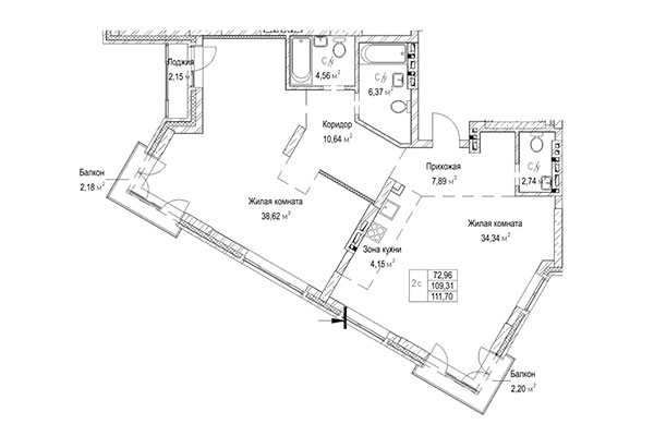 2-комнатная квартира 111,70 м² в ЖК Гудимов. Планировка