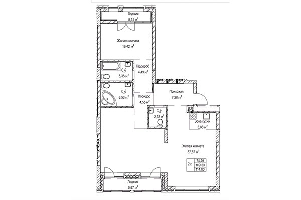 2-комнатная квартира 114,80 м² в ЖК Гудимов. Планировка