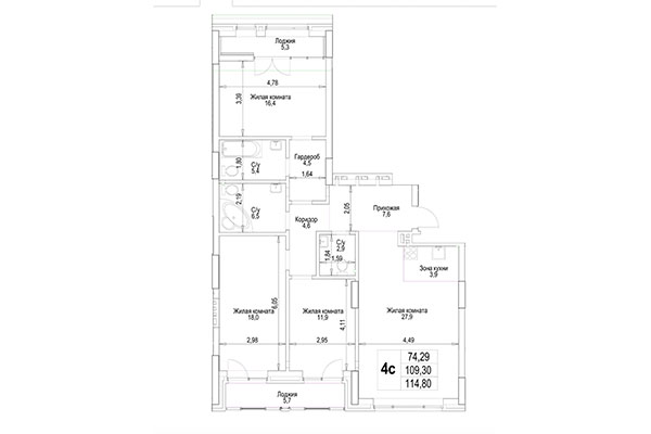 4-комнатная квартира 114,81 м² в ЖК Гудимов. Планировка