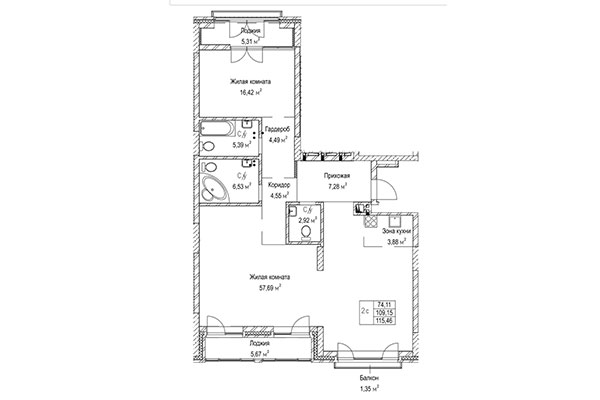 2-комнатная квартира 115,46 м² в ЖК Гудимов. Планировка