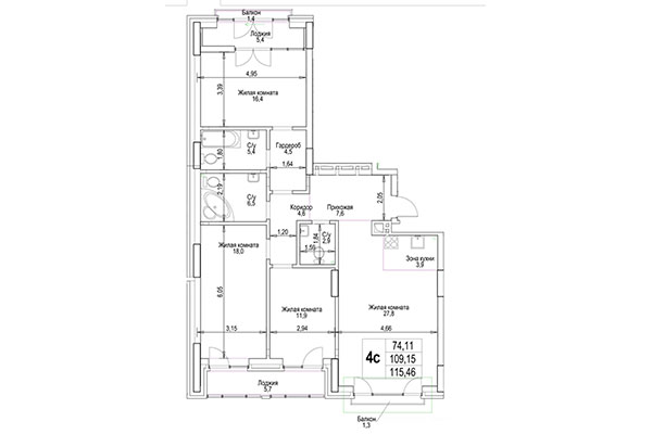 4-комнатная квартира 115,47 м² в ЖК Гудимов. Планировка