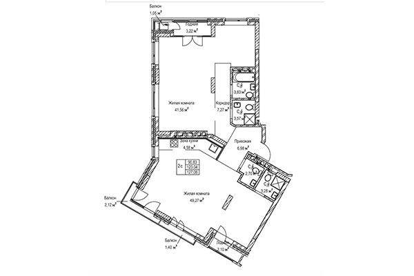 2-комнатная квартира 127,08 м² в ЖК Гудимов. Планировка