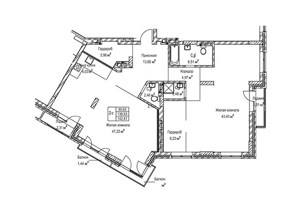 2-комнатная квартира 142,41 м² в ЖК Гудимов. Планировка