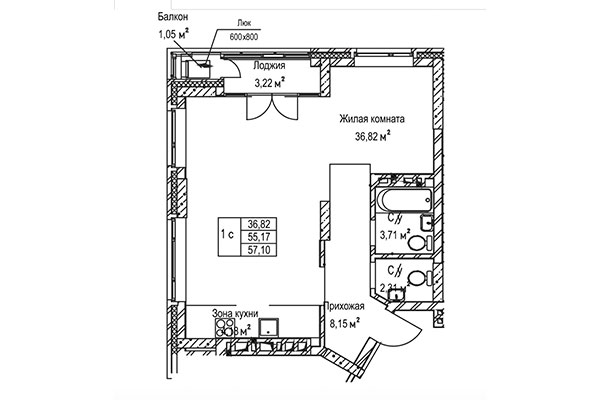 1-комнатная квартира 57,10 м² в ЖК Гудимов. Планировка