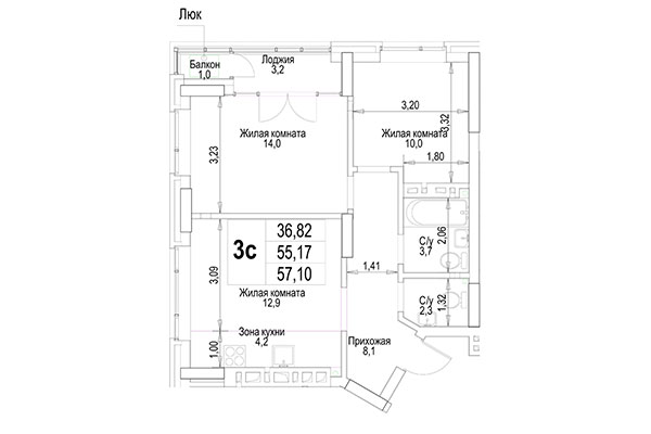 3-комнатная квартира 57,11 м² в ЖК Гудимов. Планировка