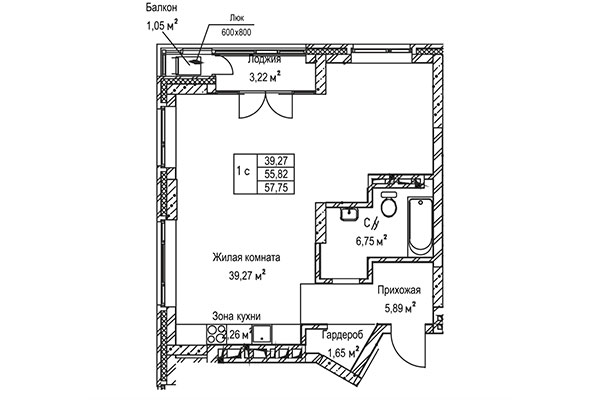 1-комнатная квартира 57,75 м² в ЖК Гудимов. Планировка