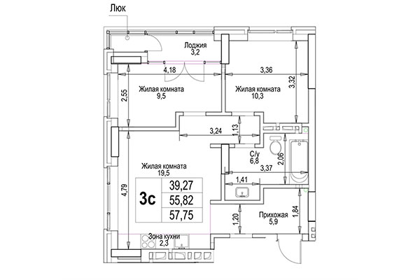 3-комнатная квартира 57,76 м² в ЖК Гудимов. Планировка