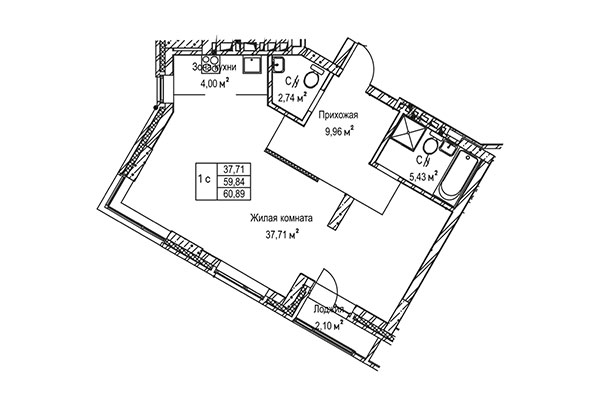 1-комнатная квартира 60,89 м² в ЖК Гудимов. Планировка