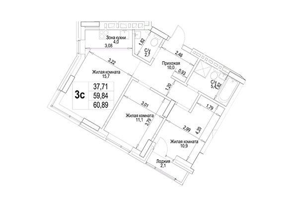 3-комнатная квартира 60,90 м² в ЖК Гудимов. Планировка