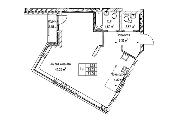 1-комнатная квартира 61,06 м² в ЖК Гудимов. Планировка