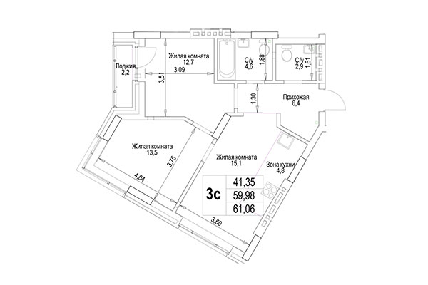 3-комнатная квартира 61,07 м² в ЖК Гудимов. Планировка