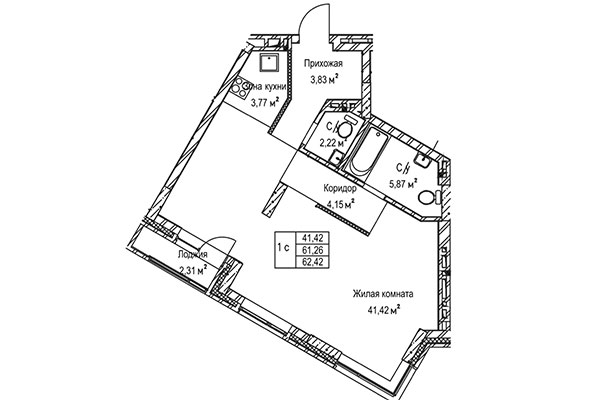 1-комнатная квартира 62,42 м² в ЖК Гудимов. Планировка