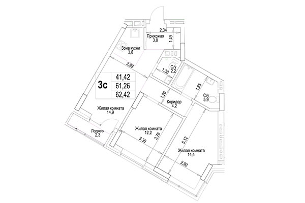 3-комнатная квартира 62,43 м² в ЖК Гудимов. Планировка