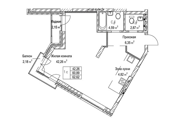 1-комнатная квартира 62,62 м² в ЖК Гудимов. Планировка