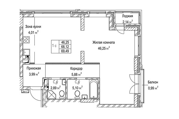 1-комнатная квартира 69,49 м² в ЖК Гудимов. Планировка