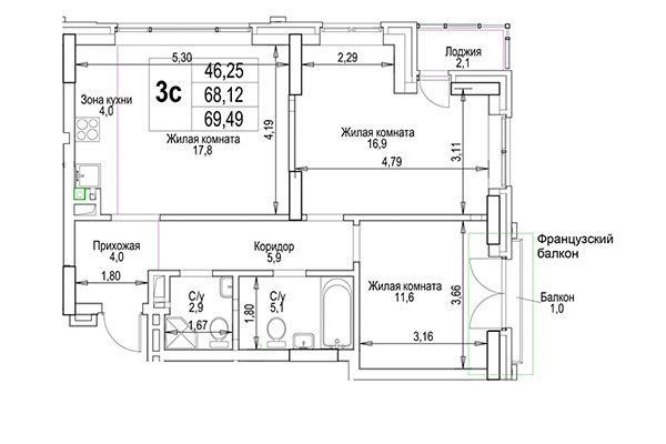 3-комнатная квартира 69,50 м² в ЖК Гудимов. Планировка