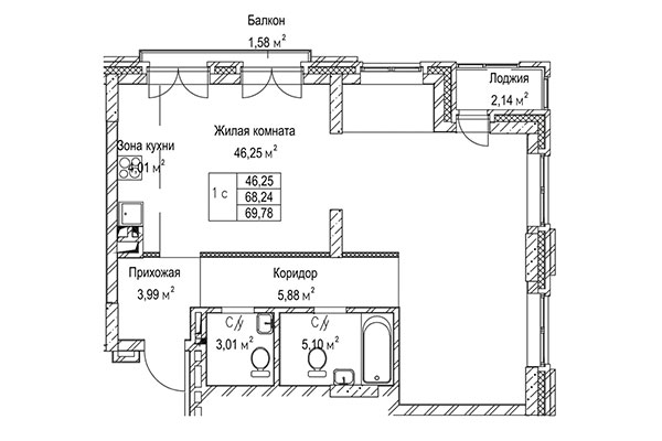1-комнатная квартира 69,78 м² в ЖК Гудимов. Планировка