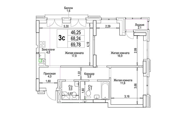 3-комнатная квартира 69,79 м² в ЖК Гудимов. Планировка