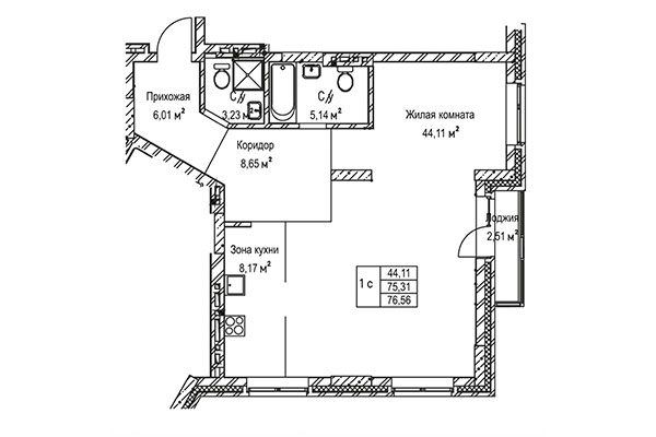 1-комнатная квартира 76,56 м² в ЖК Гудимов. Планировка