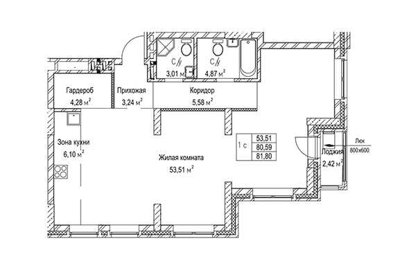 1-комнатная квартира 81,80 м² в ЖК Гудимов. Планировка