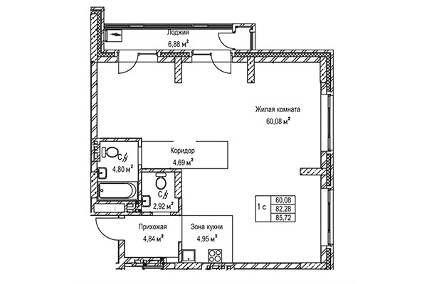 1-комнатная квартира 85,72 м² в ЖК Гудимов. Планировка