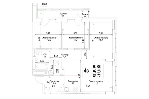 4-комнатная квартира 85,73 м² в ЖК Гудимов. Планировка